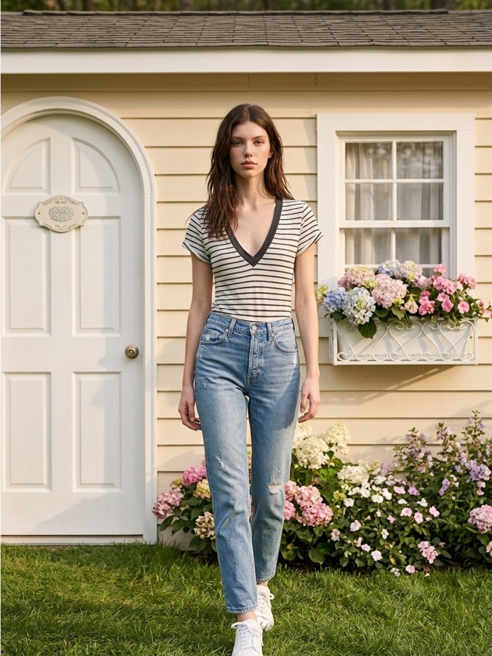 Free People Cream and Black Striped V‑Neck Short Sleeve Bodysuit